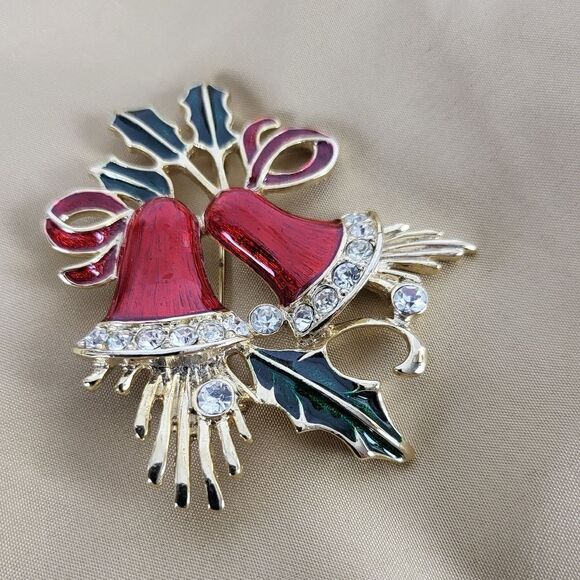 Red Bell & Holly Rhinestone Christmas Brooch - Picture 2 of 4